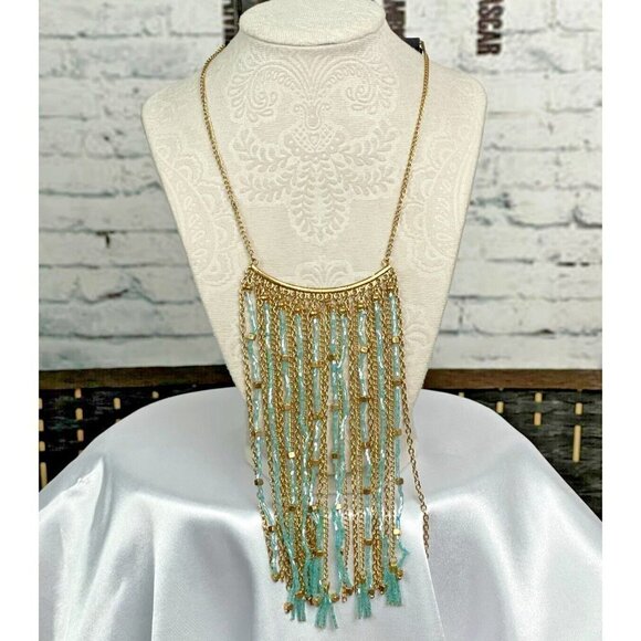 Carol Dauplaise Gold-Tone Turquoise Beaded Chain Fringe Statement Necklace - Picture 2 of 4
